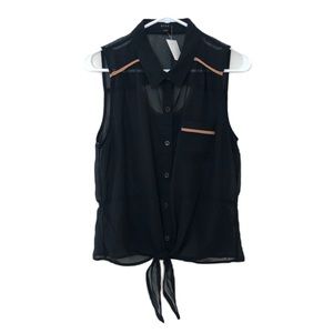 Mine Collared Sleeveless Button Down Voile Blouse with Pocket and Front Tie NWT